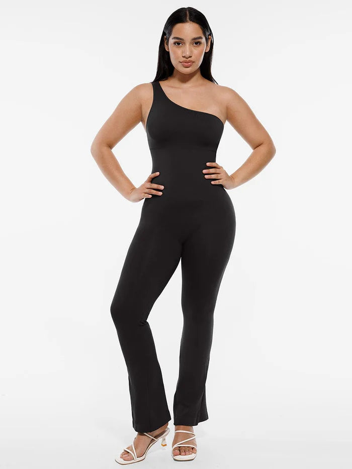 Seamless Sloped Shoulders Shaping Jumpsuit with Flared Legs