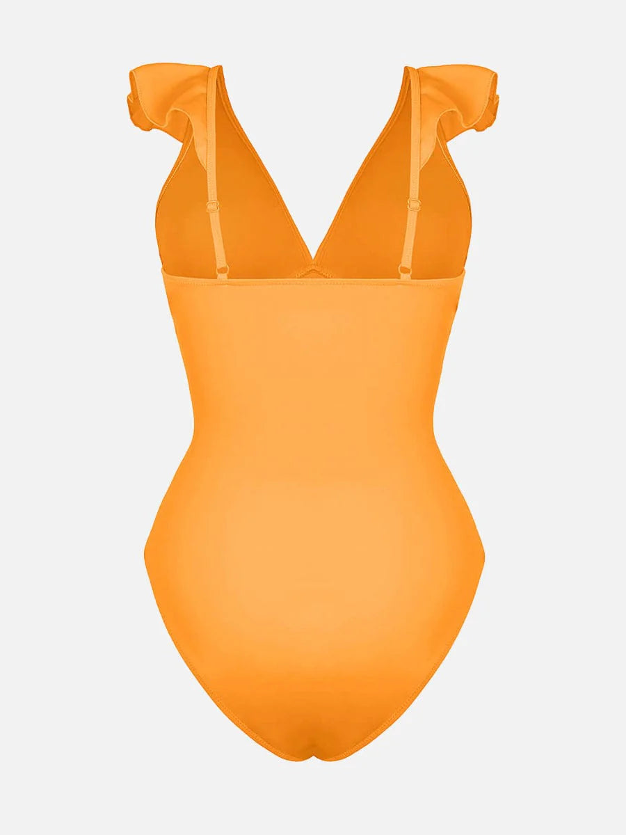 Traje de baño de una pieza con volantes, cuello en V y cordones