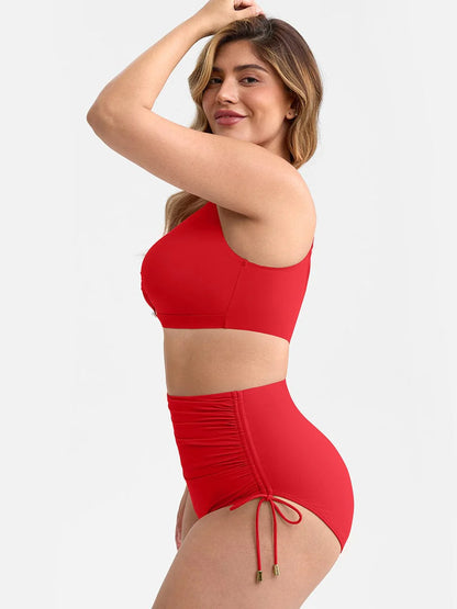 Traje de baño con escote en V profundo, aro metálico, cordón ajustable, control de abdomen y almohadillas extraíbles