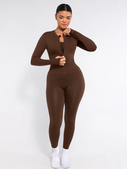 Top de running con cremallera completa sin costuras y orificios para los pulgares