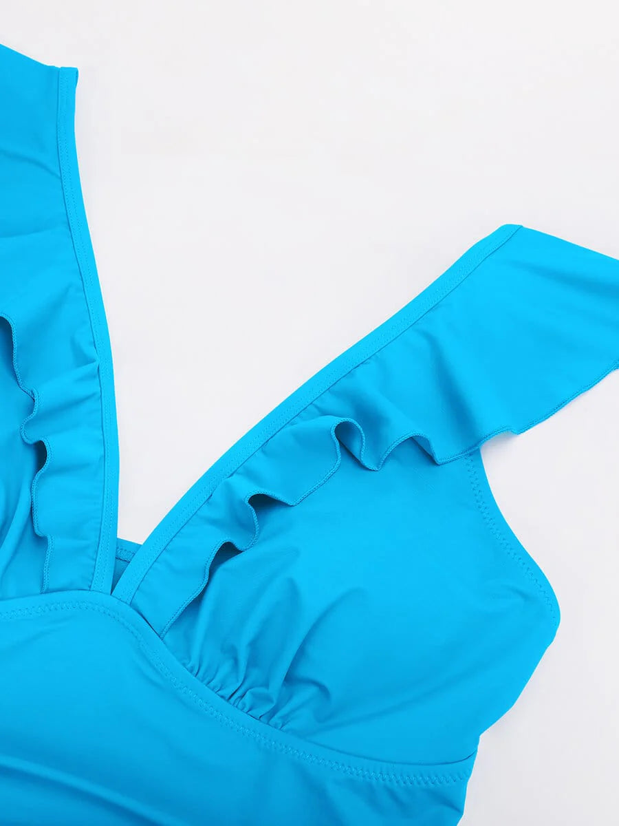 Traje de baño de una pieza con volantes, cuello en V y cordones