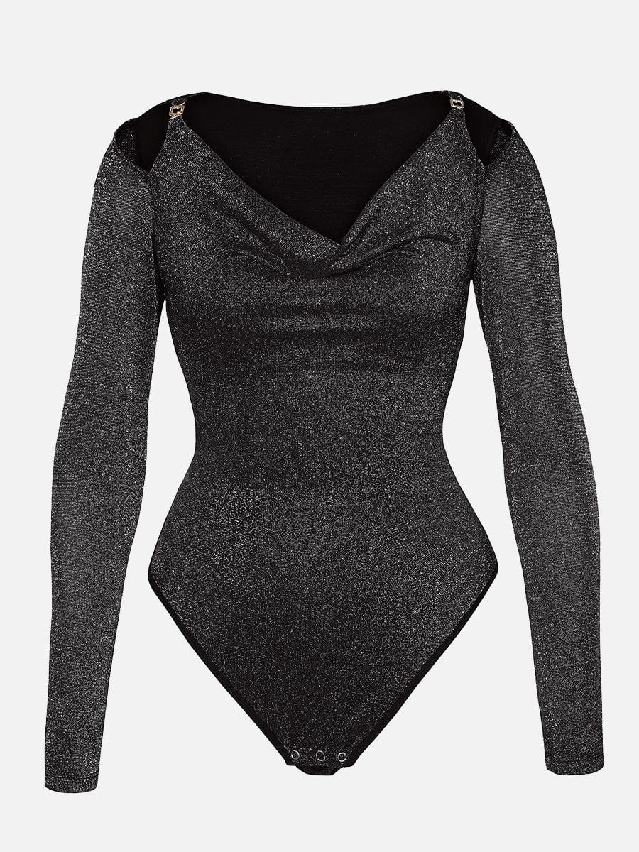 Body moldeador todo en uno con cuello drapeado brillante, sujetador incorporado y tanga con cierre a presión en la entrepierna.