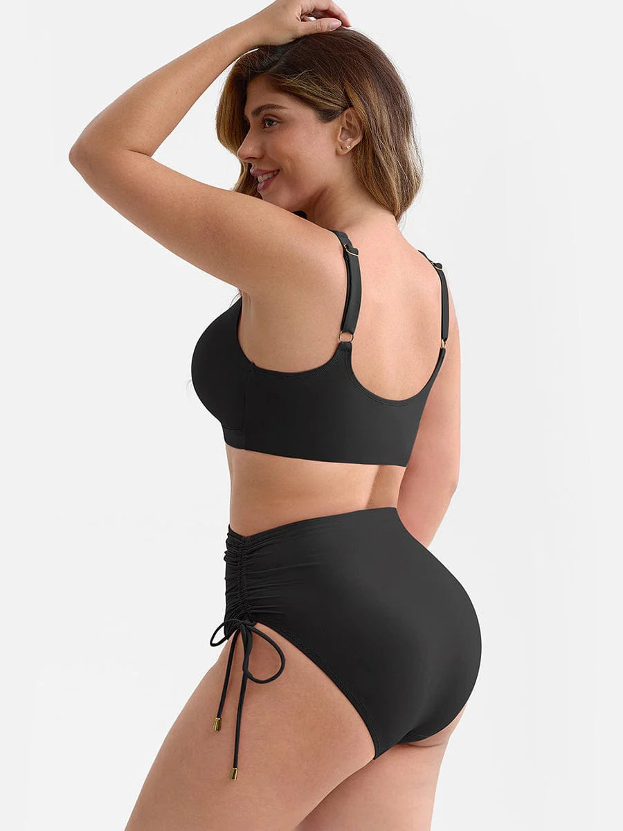 Traje de baño con escote en V profundo, aro metálico, cordón ajustable, control de abdomen y almohadillas extraíbles
