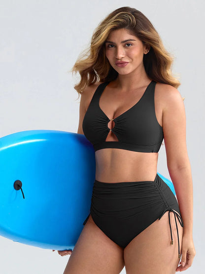 Traje de baño con escote en V profundo, aro metálico, cordón ajustable, control de abdomen y almohadillas extraíbles