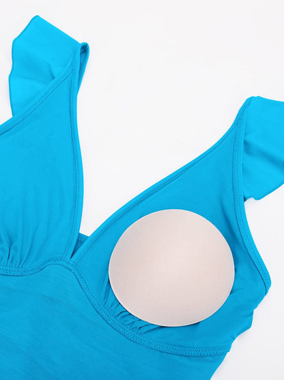 Traje de baño de una pieza con volantes, cuello en V y cordones