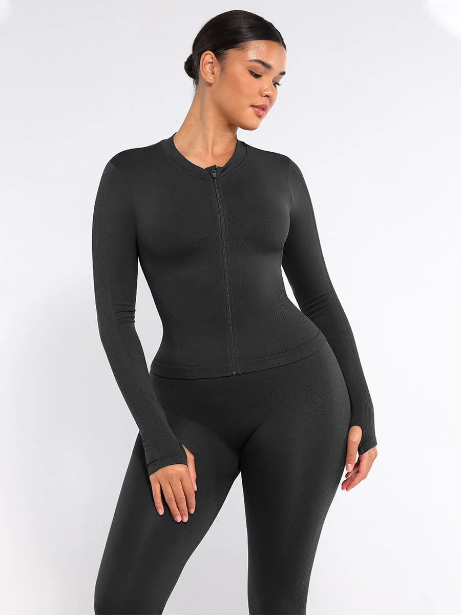 Top de running con cremallera completa sin costuras y orificios para los pulgares