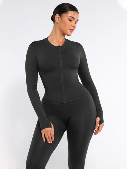 Top de running con cremallera completa sin costuras y orificios para los pulgares