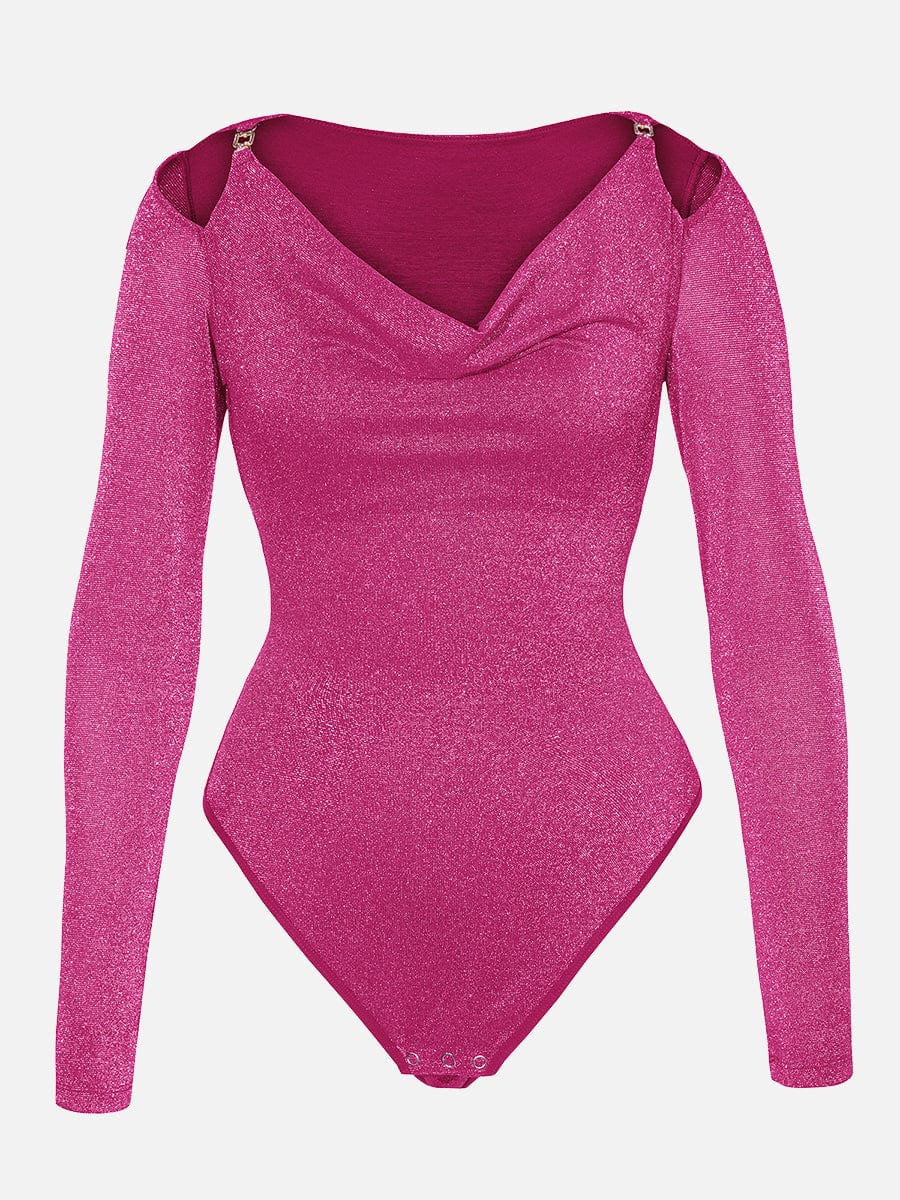 Body moldeador todo en uno con cuello drapeado brillante, sujetador incorporado y tanga con cierre a presión en la entrepierna.