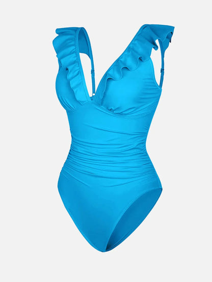 Traje de baño de una pieza con volantes, cuello en V y cordones