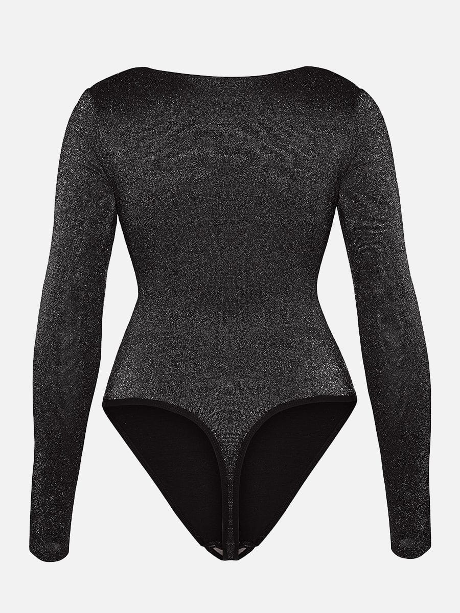Body moldeador todo en uno con cuello drapeado brillante, sujetador incorporado y tanga con cierre a presión en la entrepierna.