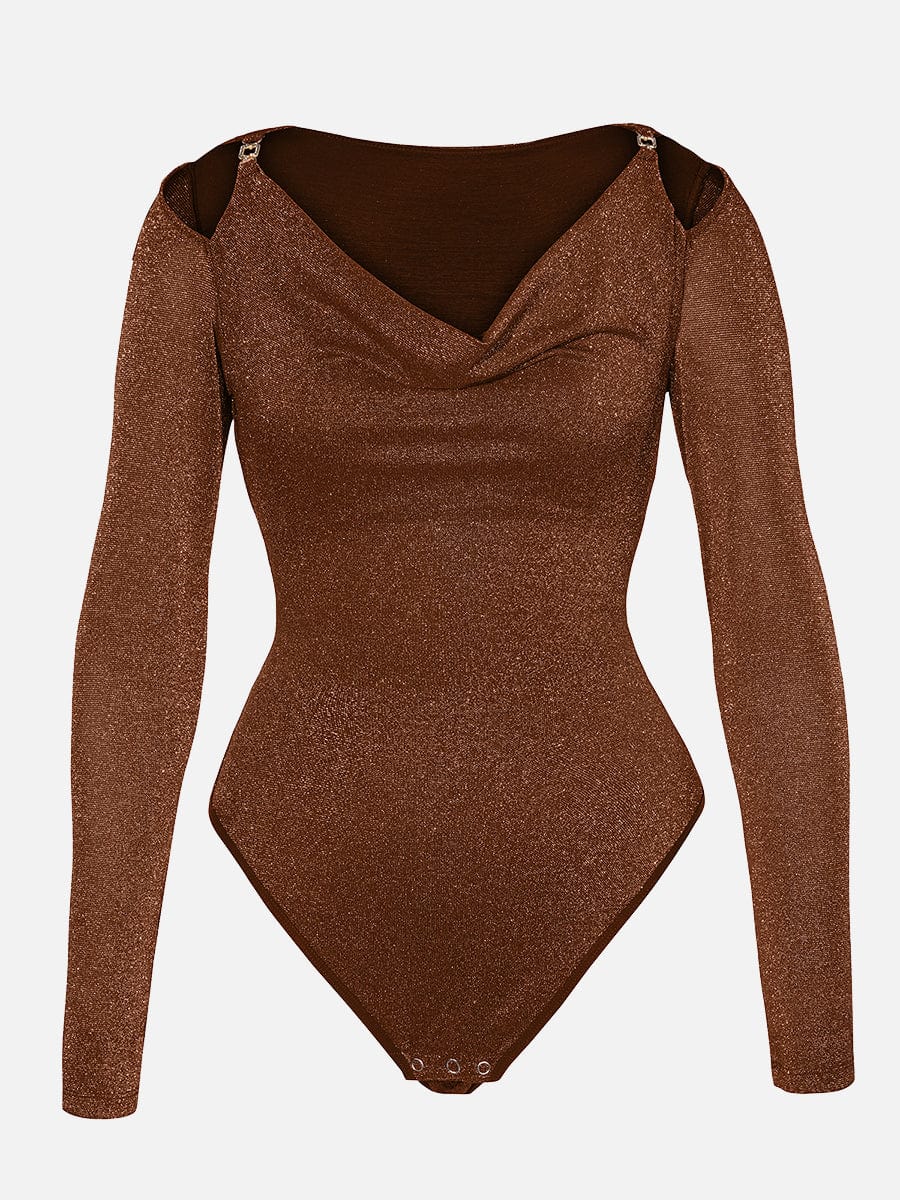 Body moldeador todo en uno con cuello drapeado brillante, sujetador incorporado y tanga con cierre a presión en la entrepierna.