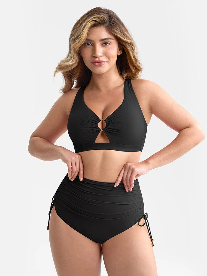 Traje de baño con escote en V profundo, aro metálico, cordón ajustable, control de abdomen y almohadillas extraíbles