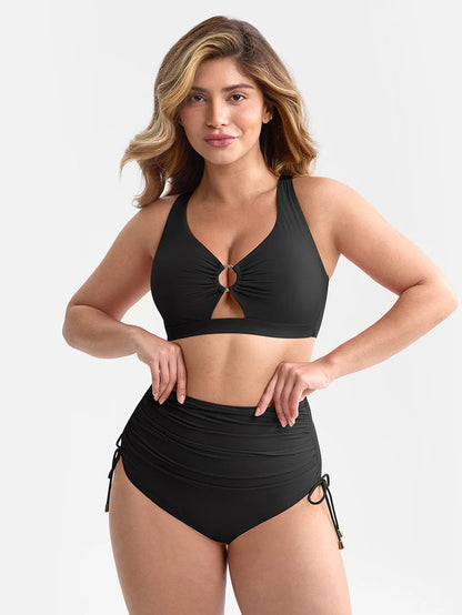 Traje de baño con escote en V profundo, aro metálico, cordón ajustable, control de abdomen y almohadillas extraíbles