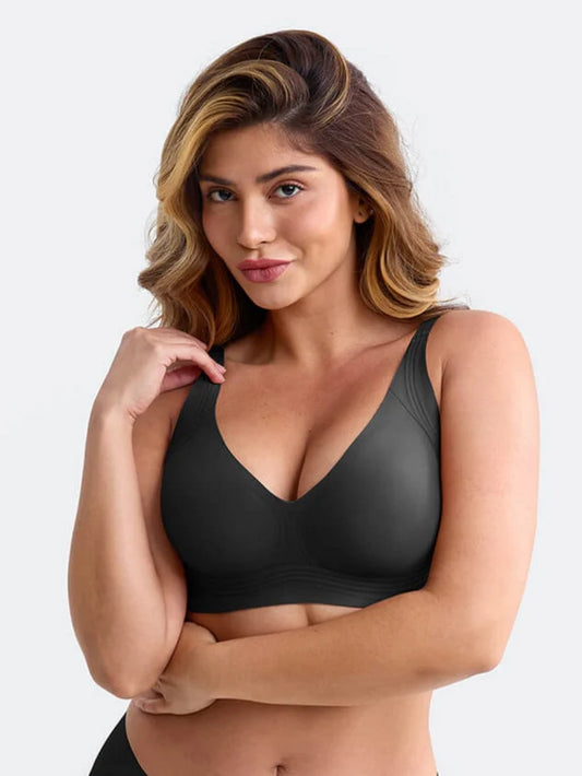 Wireless Seamless Plunge Bra W Jelly Strip Support Wide Side Panel Half Fixed Cups