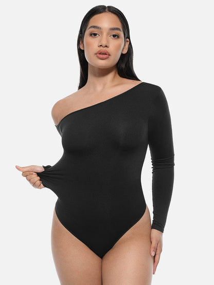 Seamless Diagonal Neck Long Sleeve Waist Trimming Thong Bodysuit