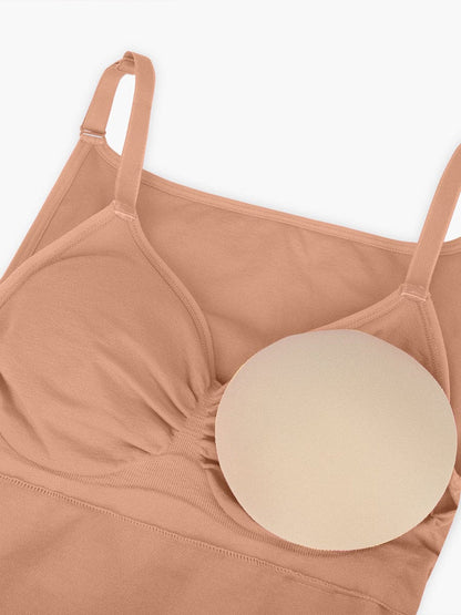 Seamless Bra Free Cami Tummy Control Thong Bodysuit with Removable Pads