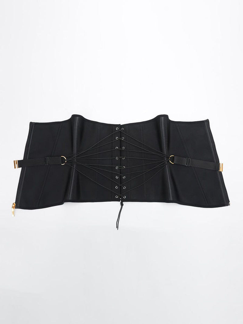 Faja moldeadora de cintura de látex con 10 varillas de acero en forma de U, con cordones ajustables y hebilla frontal.