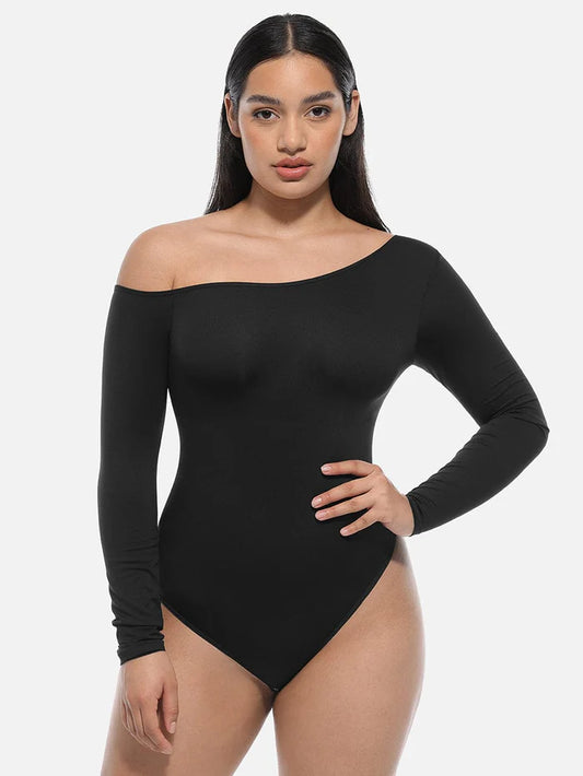 Seamless Diagonal Neck Long Sleeve Waist Trimming Thong Bodysuit