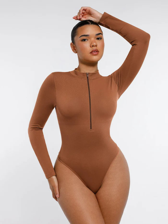 Seamless Long Sleeve Zipper Thong Bodysuit